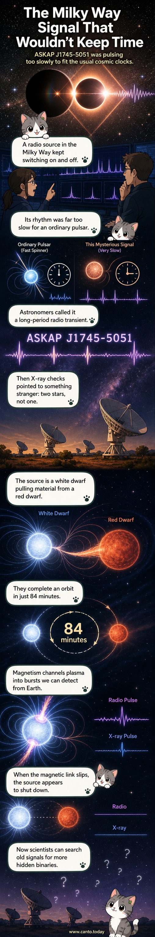 Illustration of a white dwarf and red dwarf in a tight binary orbit, with magnetic field lines channeling plasma and emitting periodic radio pulses.