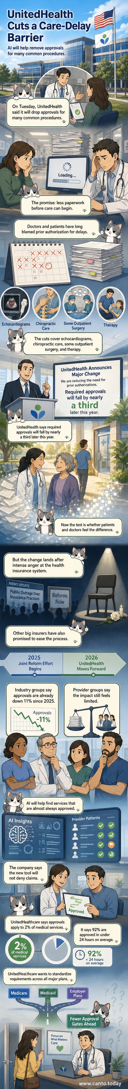 Illustration showing a doctor handing a patient a prescription while a digital AI interface removes a 'prior authorization' barrier in the background.