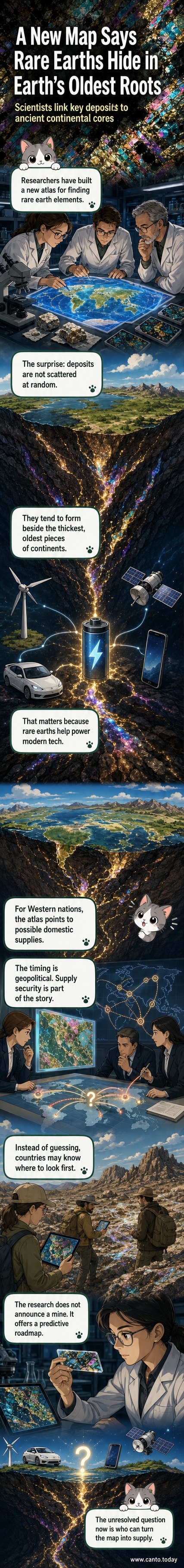 Microscopic view of a rare earth element-rich rock sample with labeled mineral structures, alongside a global map highlighting continental crust thickness and predicted deposit zones.