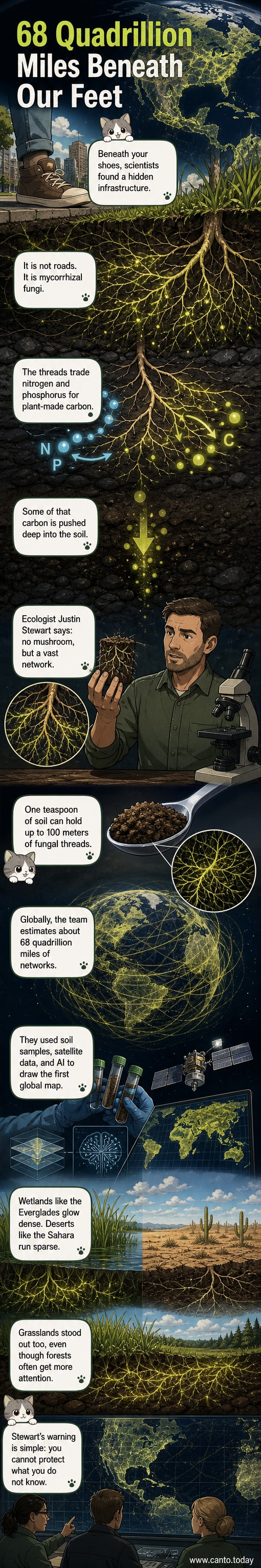 An illustrated cross-section of soil showing a dense web of fungal filaments connecting plant roots, with sunlight above and deep earth below, symbolizing the hidden network beneath our feet.