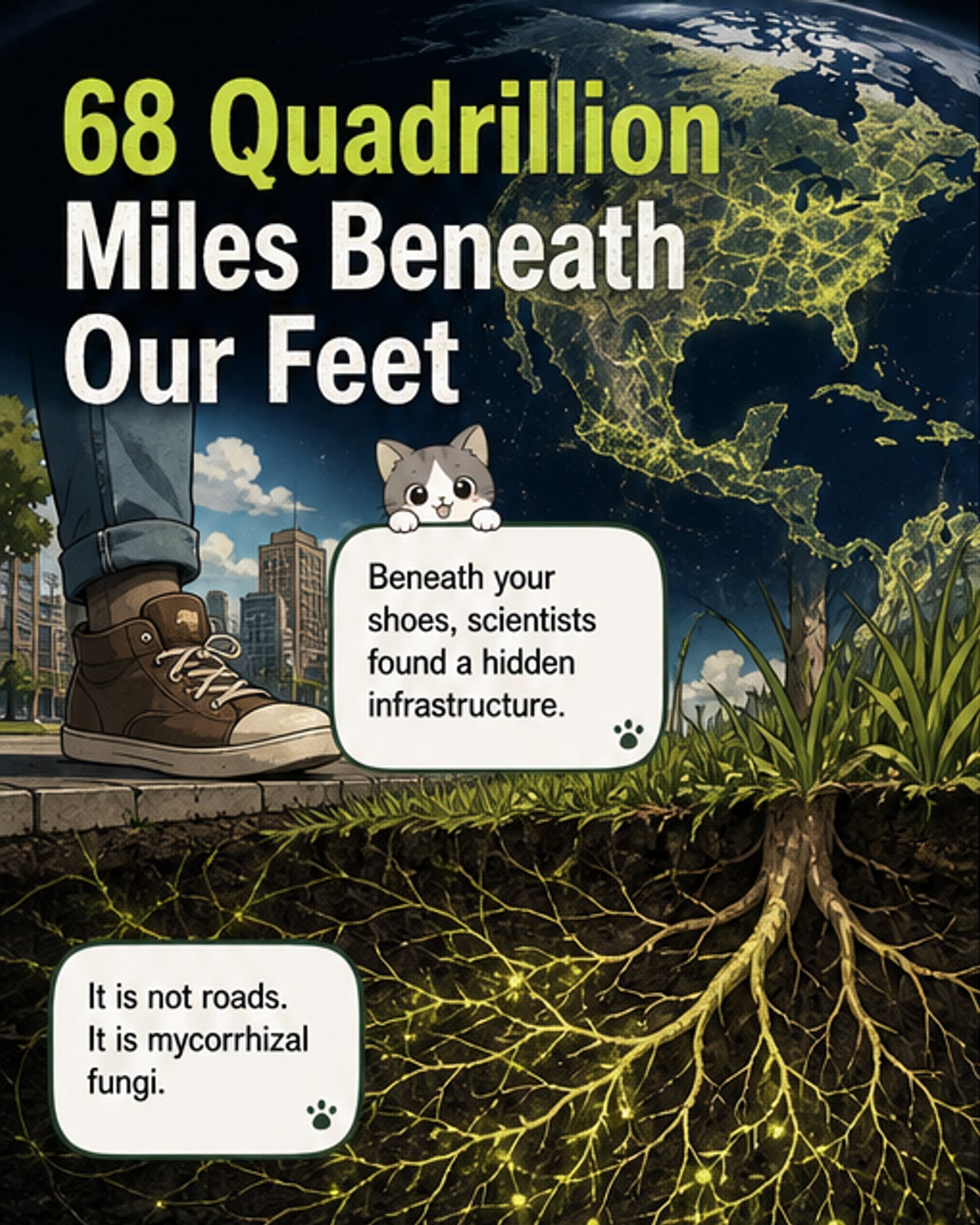 An illustrated cross-section of soil showing a dense web of fungal filaments connecting plant roots, with sunlight above and deep earth below, symbolizing the hidden network beneath our feet.