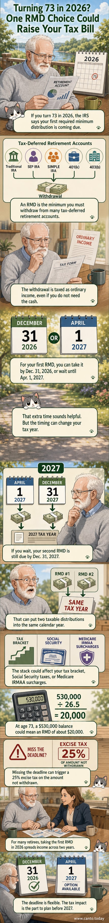 Illustration of a calendar marked April 1, 2027, with a retirement account statement showing a required withdrawal amount and tax implications.
