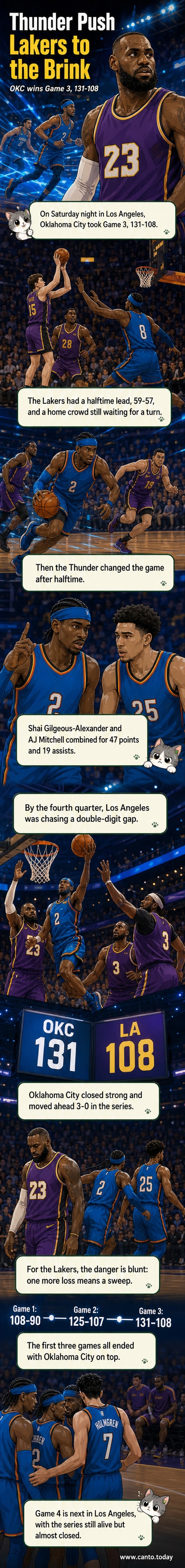 Oklahoma City Thunder players celebrating on the court after defeating the Los Angeles Lakers in Game 3 of the NBA playoffs.