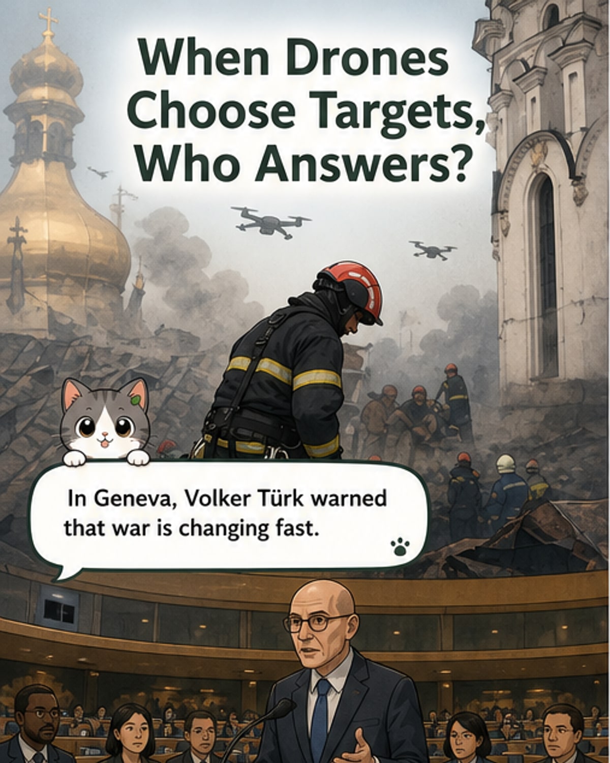 UN human rights chief Volker Türk speaks at the Human Rights Council in Geneva, warning about the dangers of unregulated drone warfare in global conflicts.