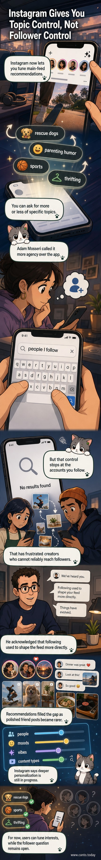 Illustration of a smartphone showing an Instagram feed with toggle sliders for 'more rescue dogs' and 'less parenting humor,' but a red 'X' over a request for 'posts from people I follow.'