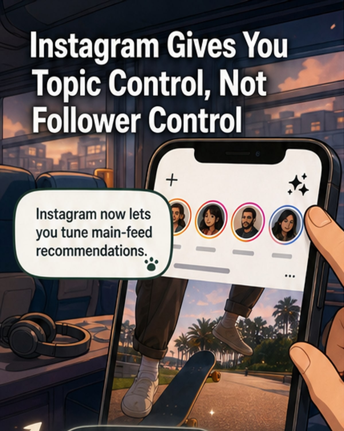 Illustration of a smartphone showing an Instagram feed with toggle sliders for 'more rescue dogs' and 'less parenting humor,' but a red 'X' over a request for 'posts from people I follow.'