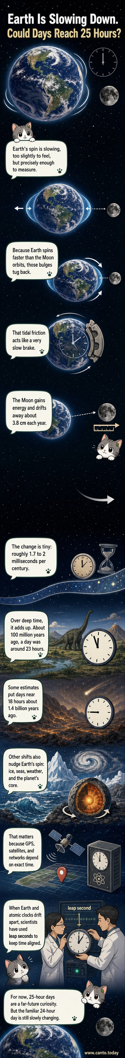 An illustrated Earth rotating slowly with a Moon in the distance, showing tidal bulges and a timeline of day length from 18 hours to 25 hours in the future.