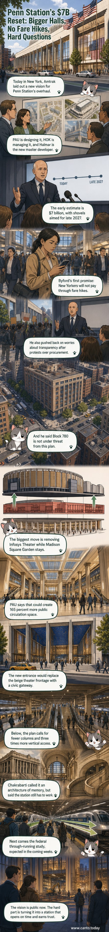 A futuristic rendering of Penn Station's new concourse with a blue-tiled ceiling, sculptural staircase, and open space where the Infosys Theater once stood.