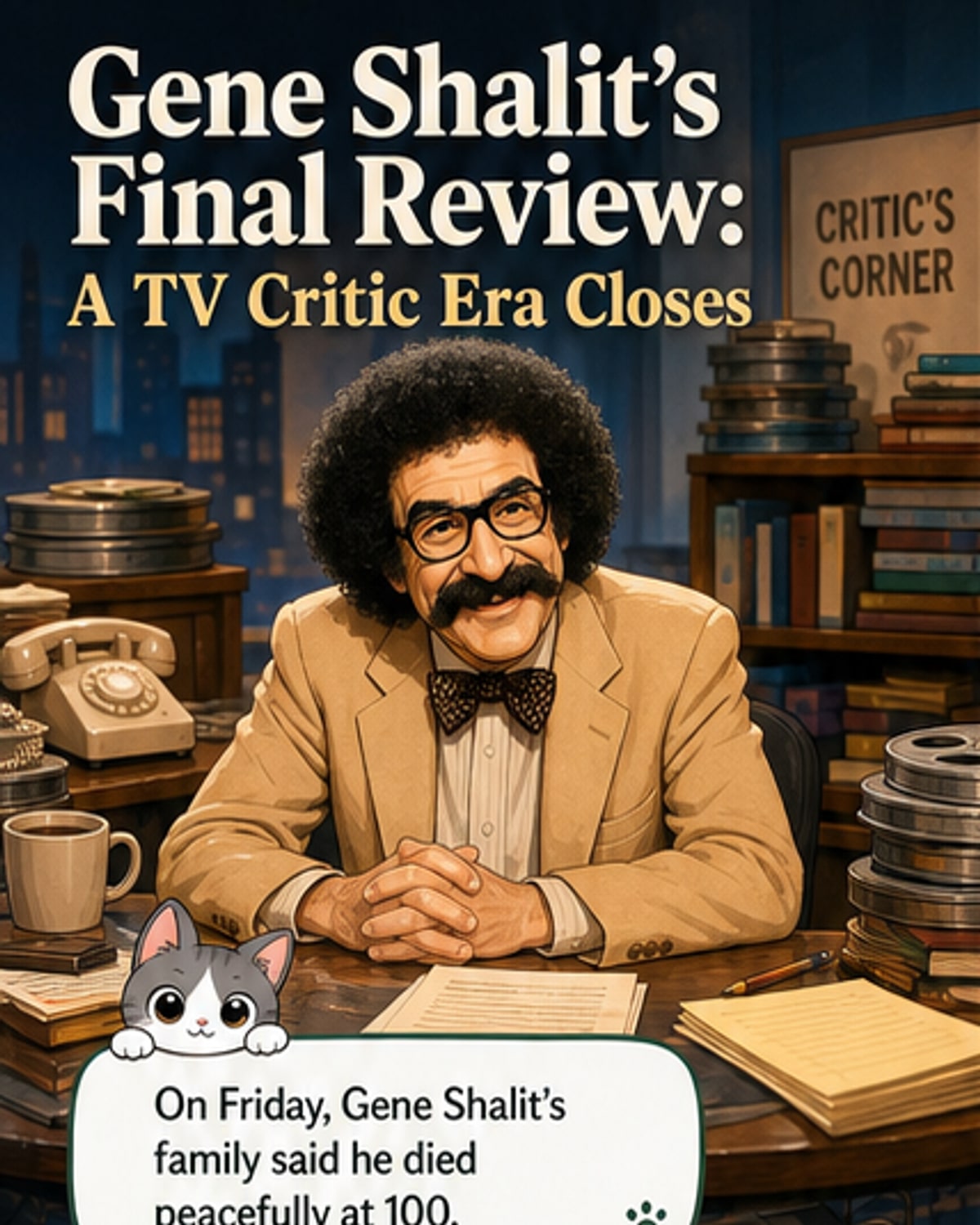Black and white photo of Gene Shalit on the Today show, wearing a bow tie and thick-rimmed glasses, with his signature handlebar mustache and curly hair.