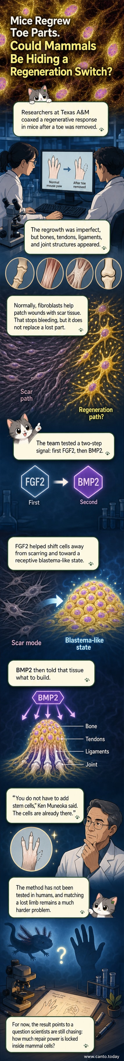 Illustration of a mouse regrowing a toe with labeled protein signals FGF2 and BMP2 activating cell regrowth instead of scarring.