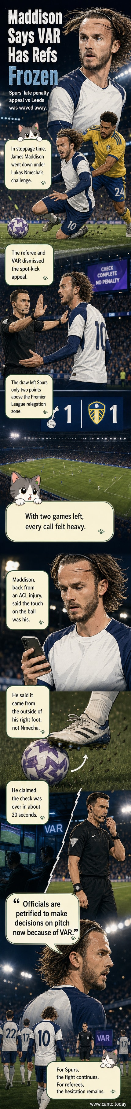 James Maddison gestures toward the penalty area in frustration after a challenge during Tottenham's match against Leeds, with referee Jarred Gillett and VAR officials reviewing the incident.