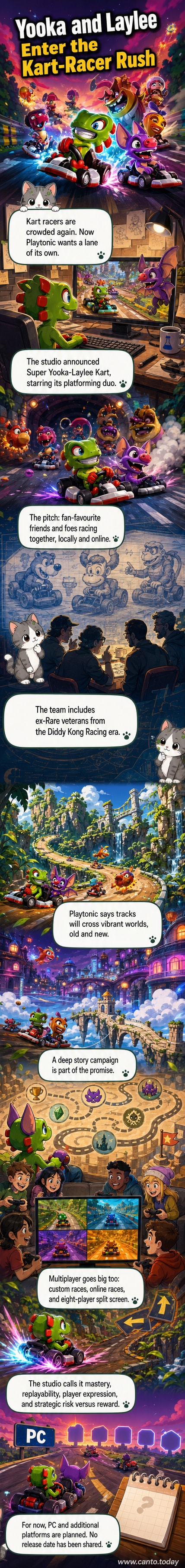 Super Yooka-Laylee Kart announcement art showing Yooka and Laylee racing on a vibrant track with other characters in colorful karts.
