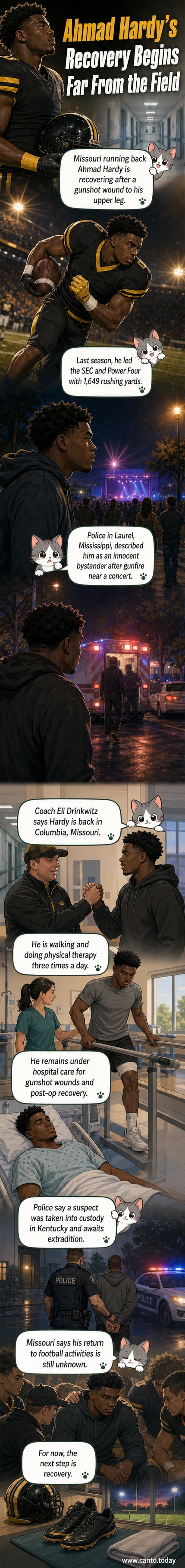 Illustration of Missouri running back Ahmad Hardy in hospital gown, standing with support, beginning physical therapy after gunshot injury.
