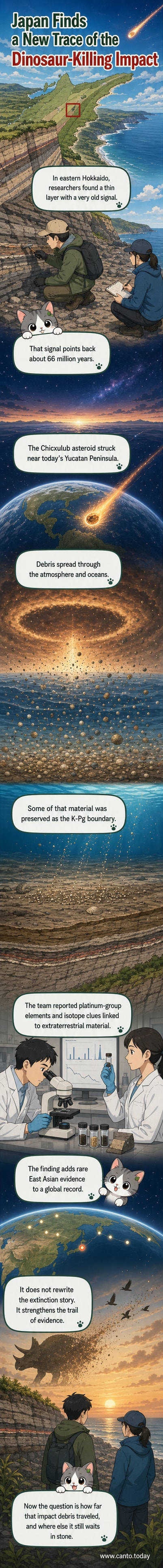 Illustrated geological cross-section showing sediment layers in Hokkaido with a highlighted boundary layer containing iridium and impact debris from the Chicxulub asteroid 66 million years ago.