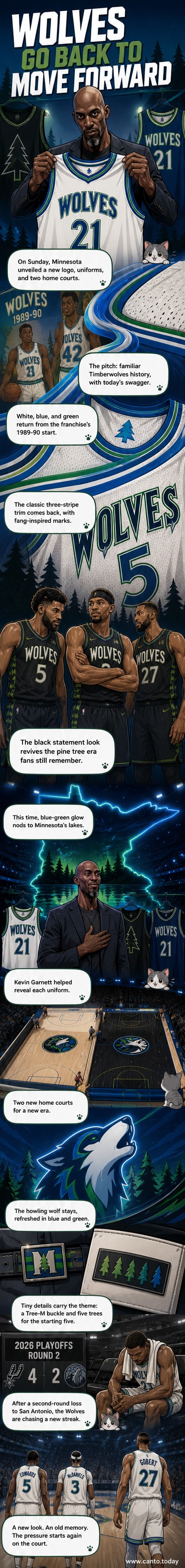 Minnesota Timberwolves players in new uniforms featuring blue, green, and black designs with glowing trim and pine tree motifs.