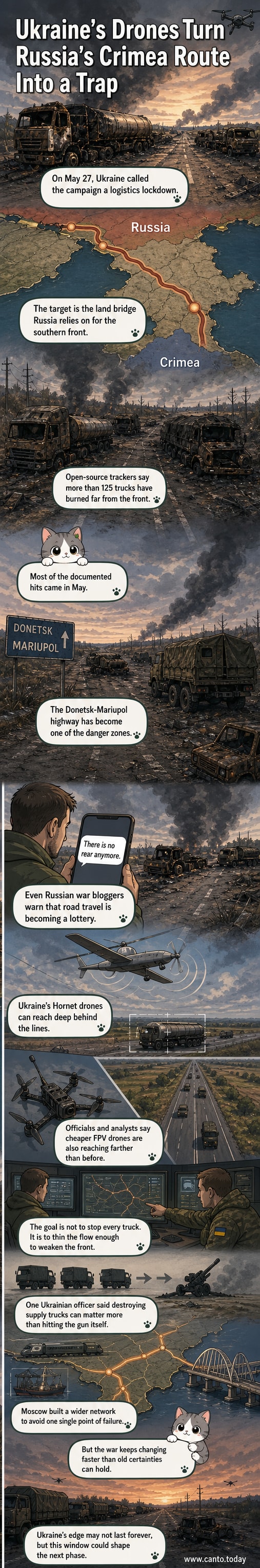 A destroyed Russian military truck on fire along a highway in occupied Ukraine, with smoke rising in the background, illustrating the impact of Ukrainian drone strikes on supply routes.