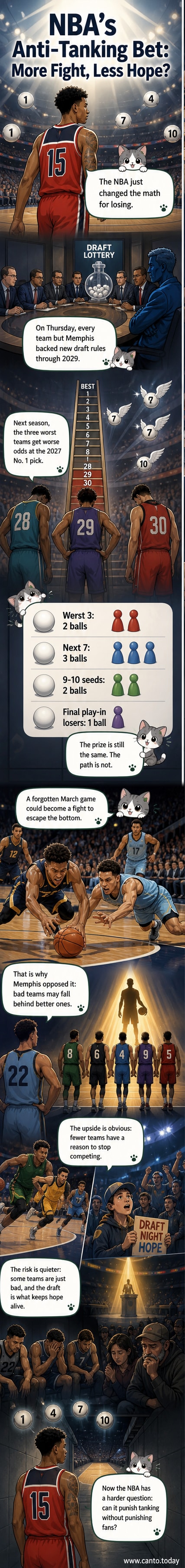 Basketball court with draft lottery balls labeled with team logos, showing new odds distribution favoring mid-tier non-playoff teams over the worst performers.