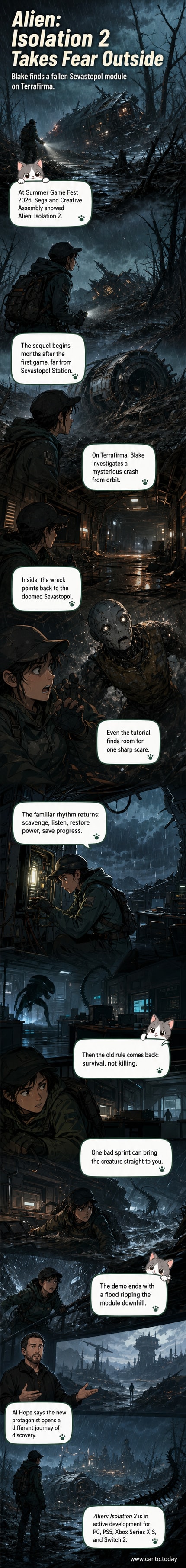A still from Alien: Isolation 2 showing the protagonist Blake hiding under a desk as the xenomorph moves through a dimly lit, high-tech industrial room with flickering lights and scattered debris.