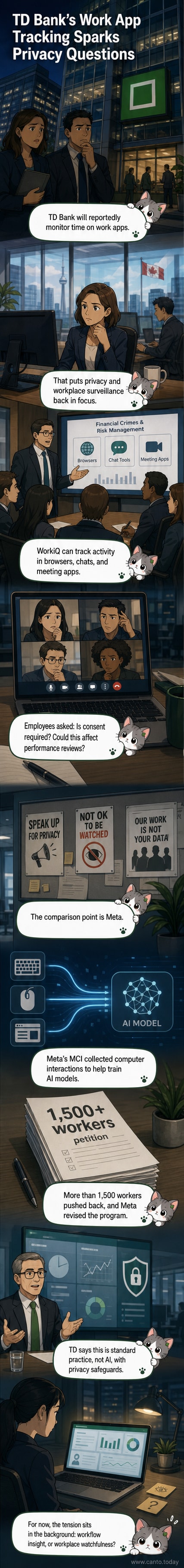Illustration of an office worker at a desk with digital tracking icons hovering above their computer, symbolizing workplace monitoring by TD Bank.