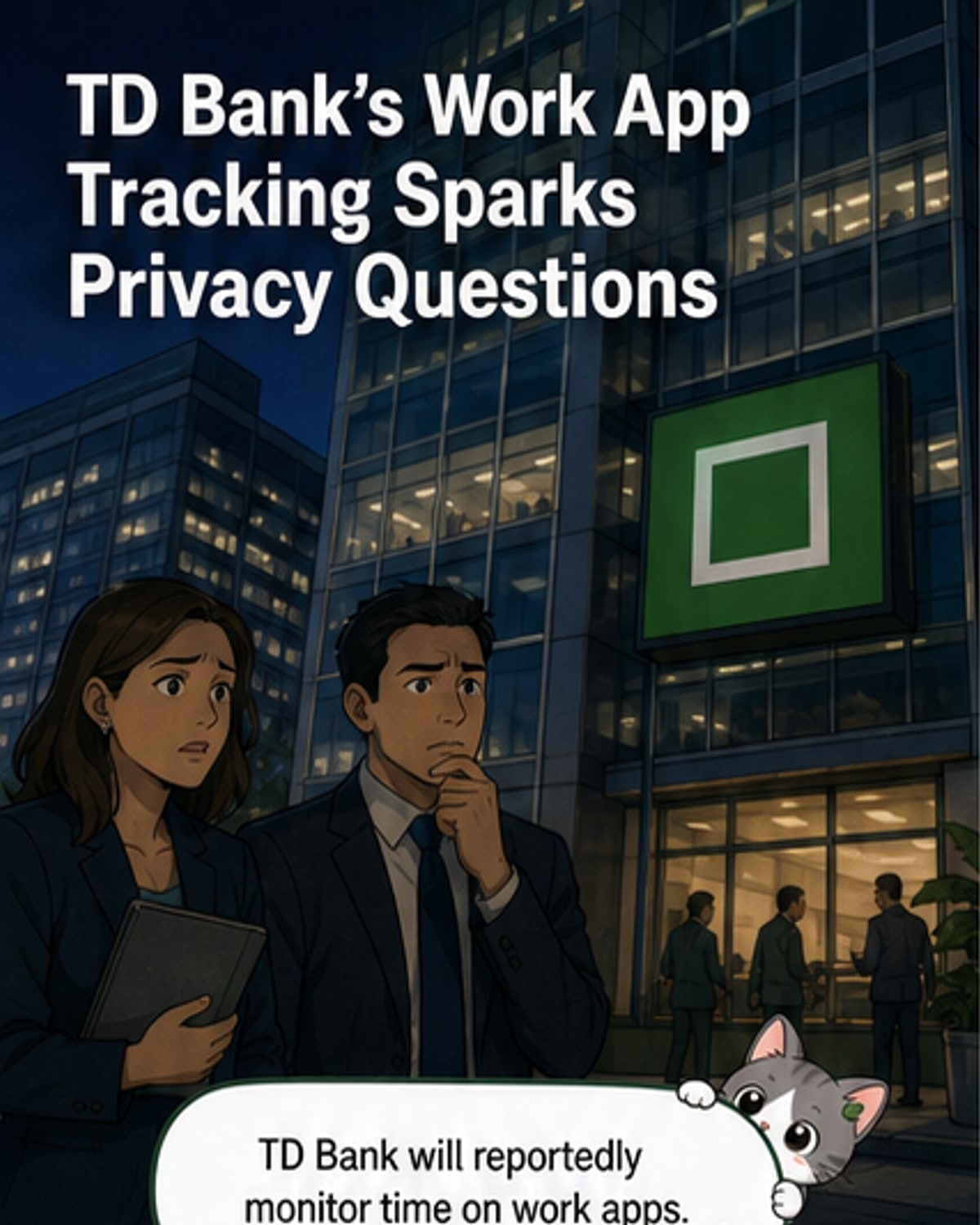 Illustration of an office worker at a desk with digital tracking icons hovering above their computer, symbolizing workplace monitoring by TD Bank.