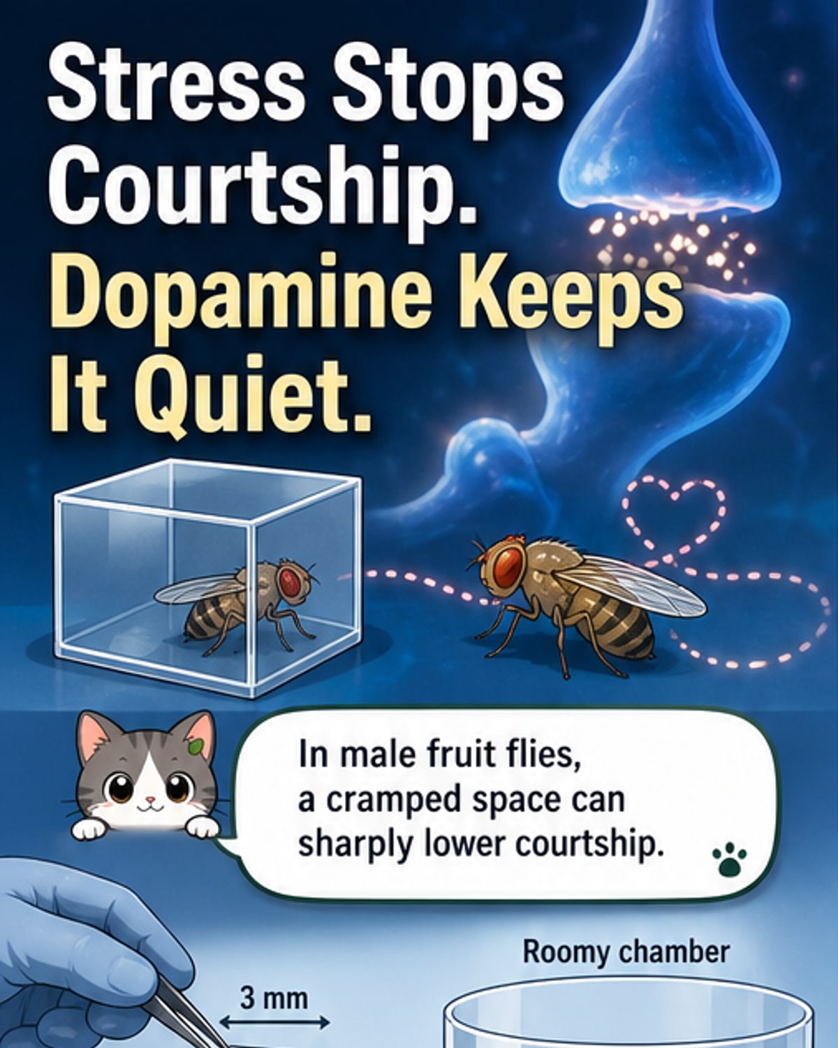 Illustrated brain circuit of a fruit fly showing dopamine neurons (PAM and PPL1) connecting to the mushroom body, with suppressed courtship behavior after confinement stress