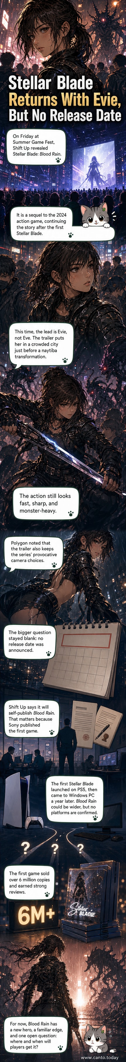 Trailer still from Stellar Blade Blood Rain showing protagonist Evie in a futuristic city as naytiba monsters emerge in the background