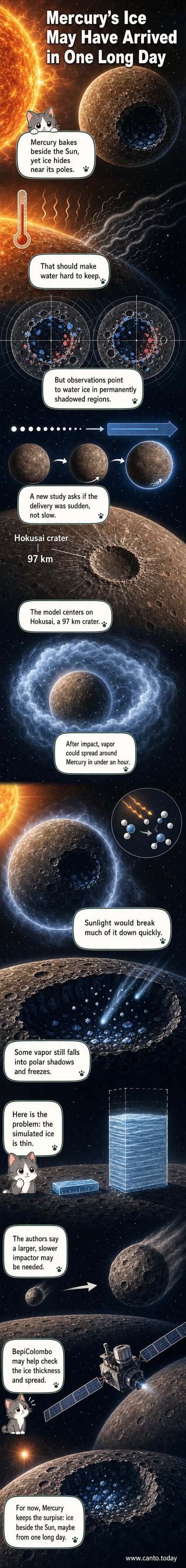 Illustration of Mercury with polar ice caps and a large impact crater, showing water vapor spreading across the planet after a collision.