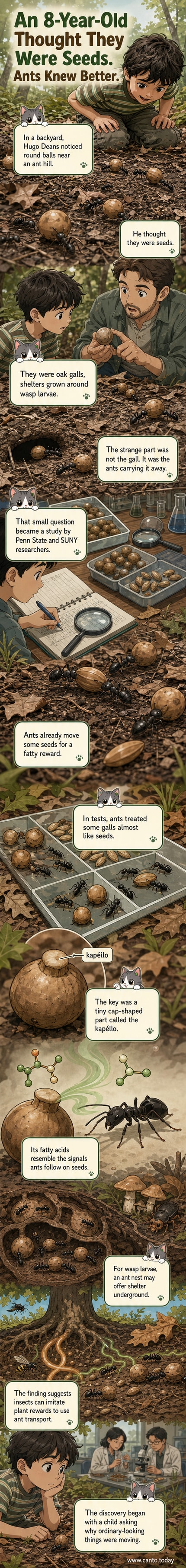 A child points at small round oak galls near an ant hill in a backyard, with inset illustrations showing the kapéllo structure and chemical mimicry that tricks ants into transporting them.