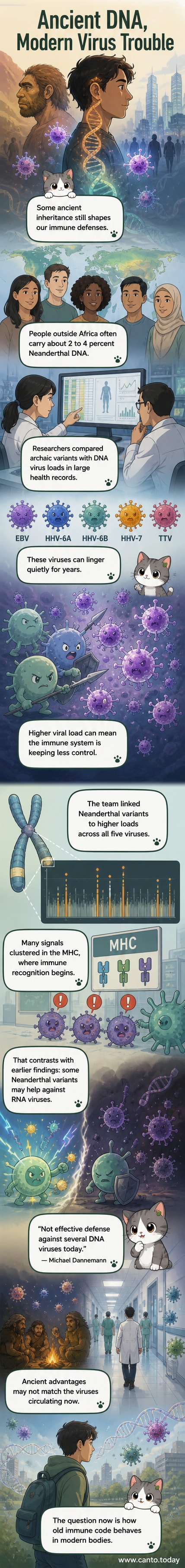 Illustration of a human cell with Neanderthal DNA strands and virus particles, showing weakened immune response