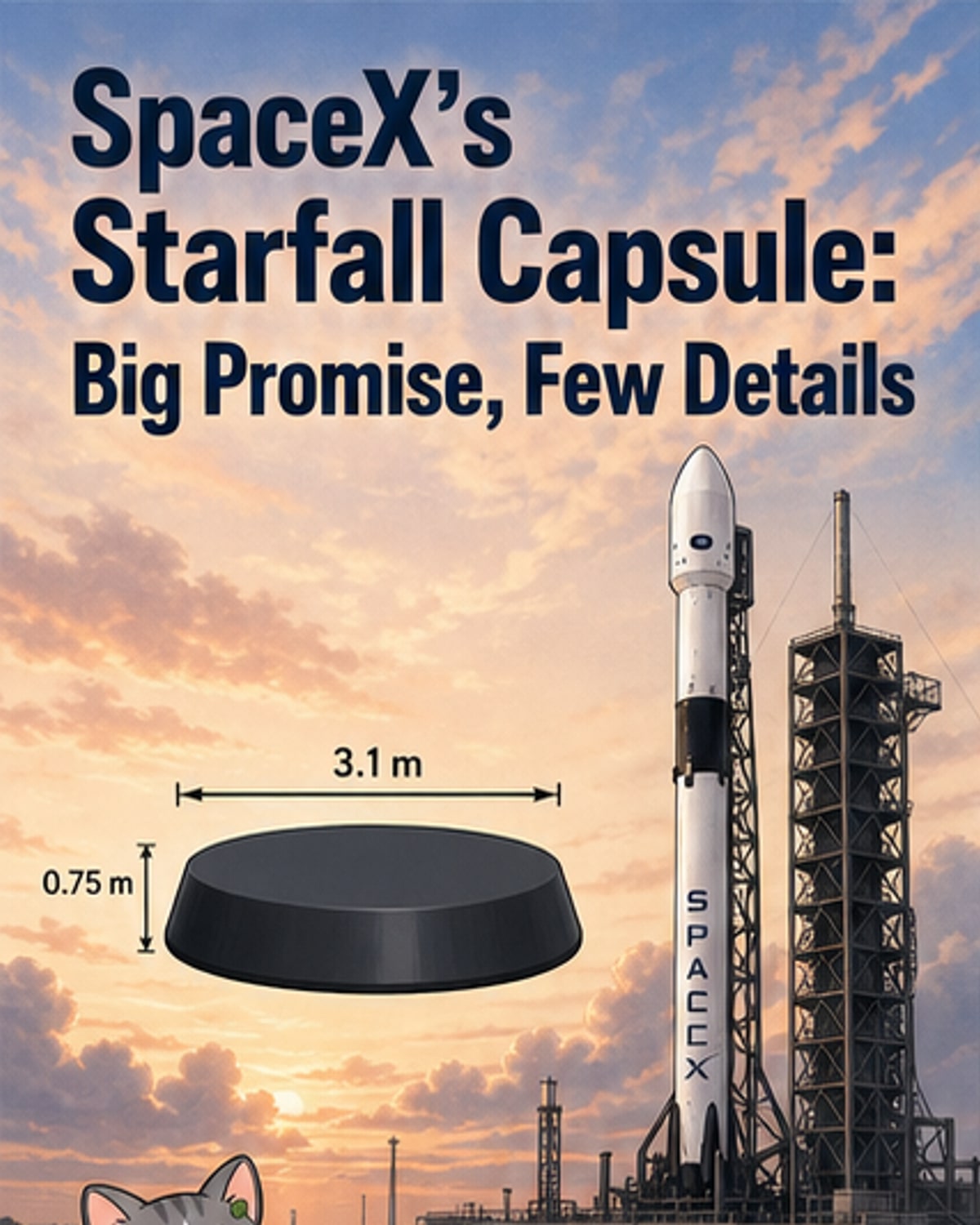 Artist's rendering of SpaceX's Starfall reentry capsule with drogue parachute deployed during atmospheric descent.