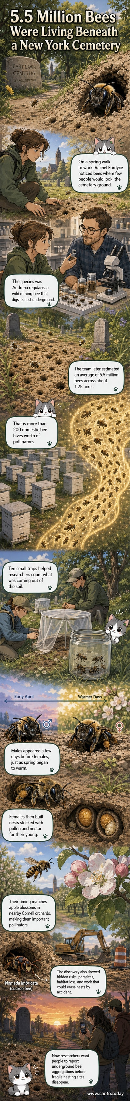An illustrated cross-section of a cemetery lawn with thousands of tiny bees emerging from underground tunnels beneath gravestones, showing a hidden colony thriving beneath a quiet urban space.