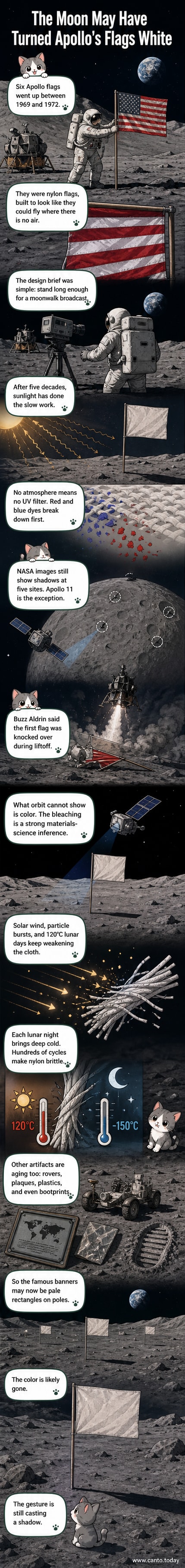 A faded white flag stands on the Moon's surface under harsh sunlight, its colors long gone, with Earth visible in the dark sky above.