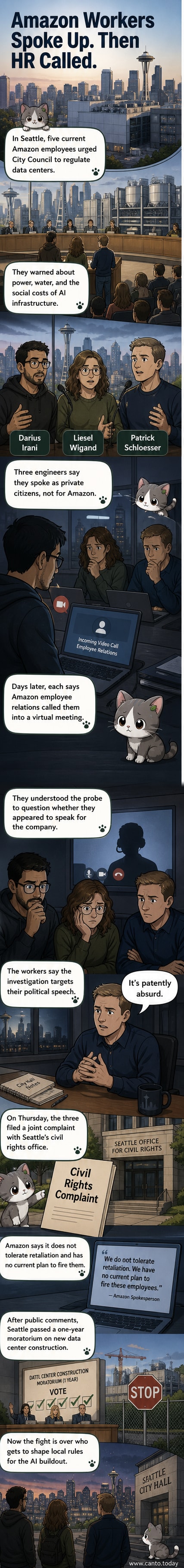 Illustration of three tech workers speaking at a city council podium, with Amazon logos in the background and protest signs about data center regulation.