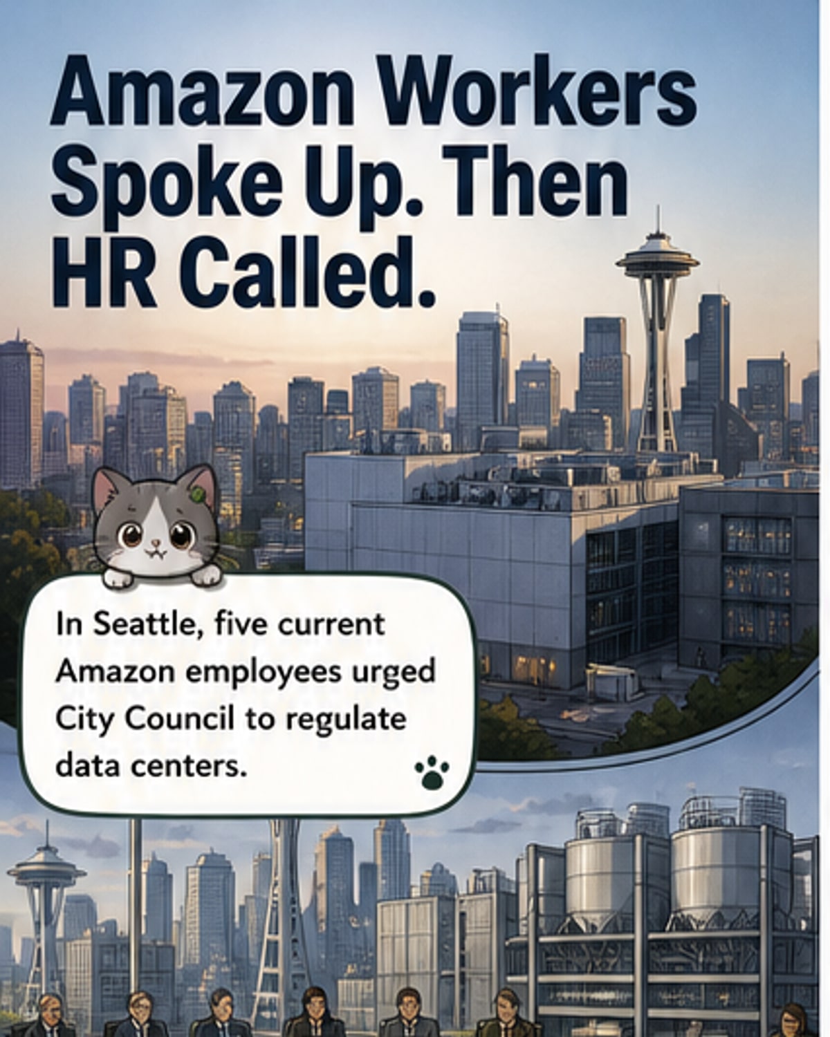 Illustration of three tech workers speaking at a city council podium, with Amazon logos in the background and protest signs about data center regulation.