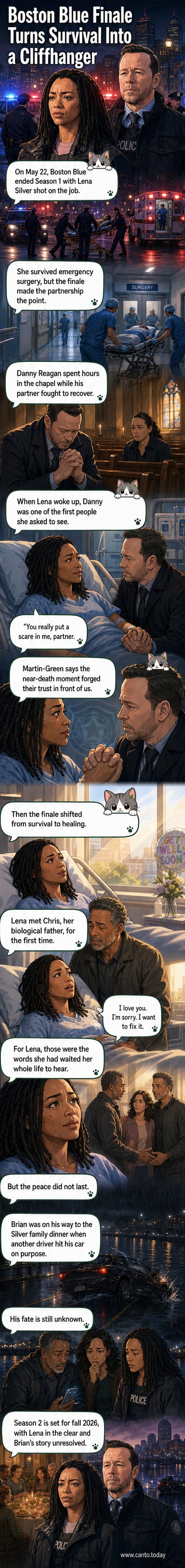 Sonequa Martin-Green as Detective Lena Silver in a hospital bed, looking emotional as Donnie Wahlberg’s Danny Reagan stands beside her, while a car lies submerged in a river in the background.