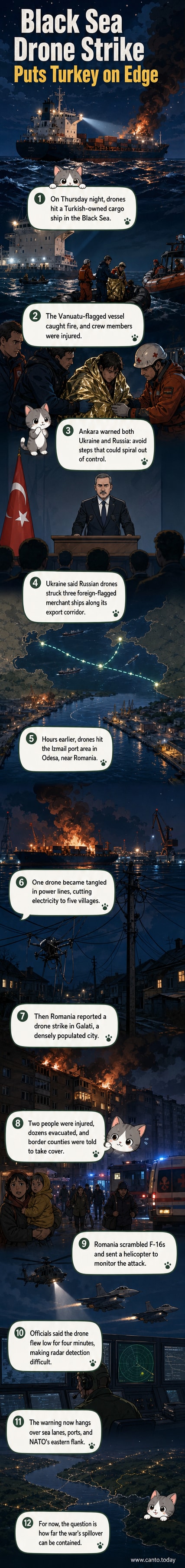 A burning cargo ship in the Black Sea with smoke rising into the sky, and a damaged apartment building in Romania with emergency crews on site.