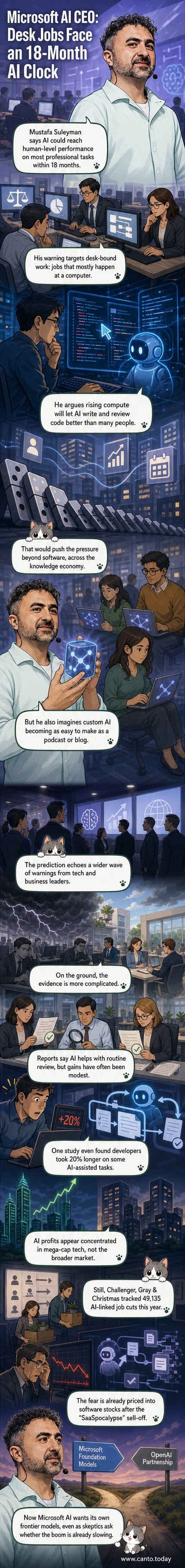 A split panel: on one side, a futuristic AI interface glowing over an empty office; on the other, professionals working at desks with subtle AI icons floating nearby.