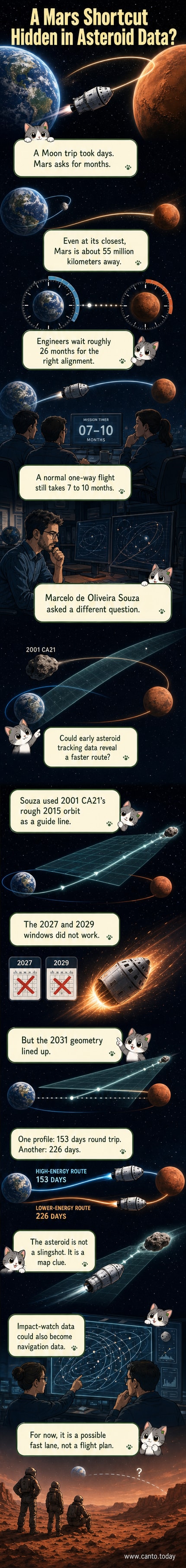 An illustrated spacecraft following a diagonal orbital path between Earth and Mars, with a faint ghosted asteroid trajectory in the background.