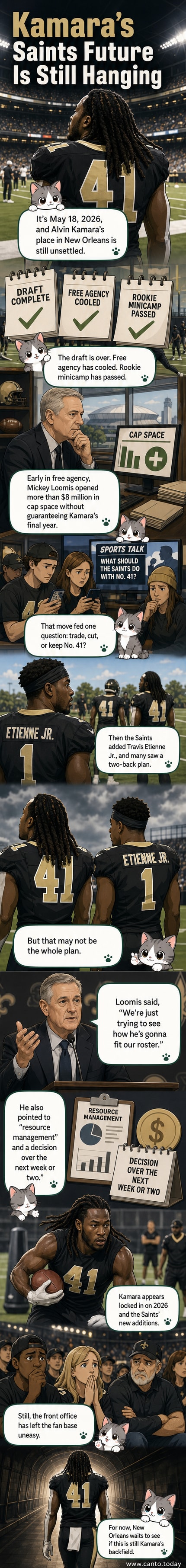 Alvin Kamara in Saints uniform sitting on the bench during an NFL game, looking toward the field.