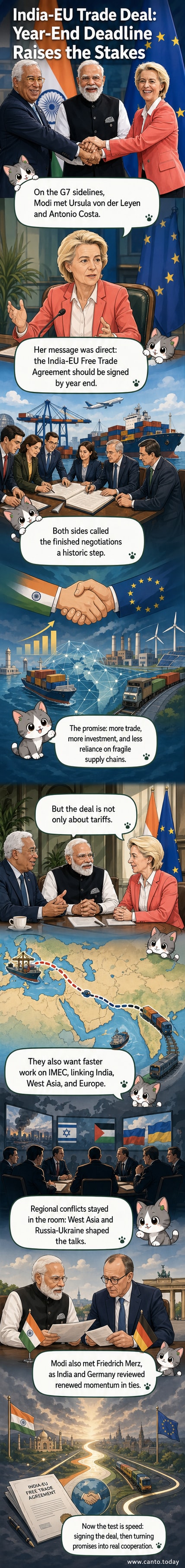 Illustration showing Indian and EU flags shaking hands over a table with a signed trade agreement, with a globe and trade route lines in the background.