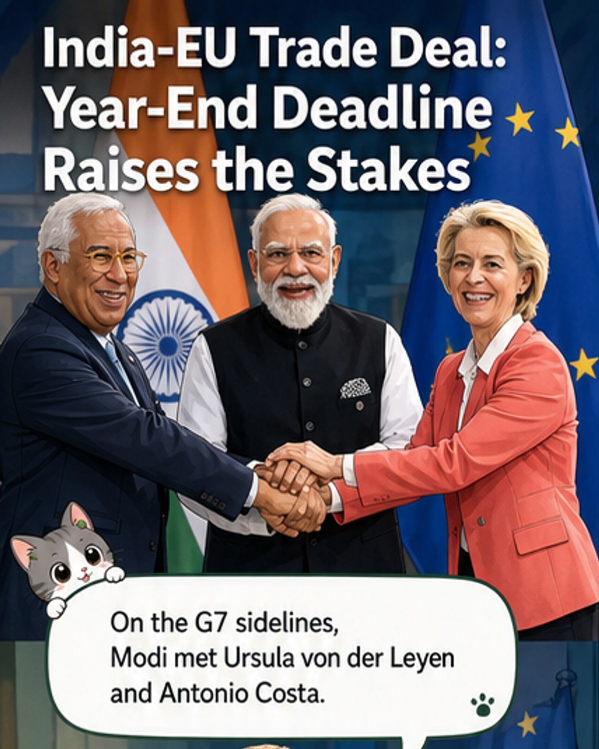 Illustration showing Indian and EU flags shaking hands over a table with a signed trade agreement, with a globe and trade route lines in the background.