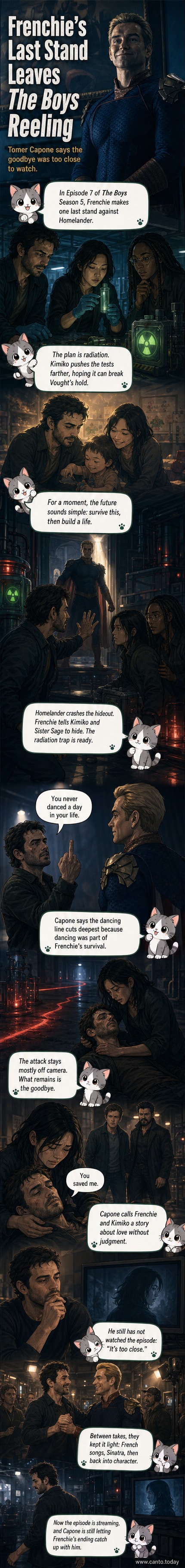 Frenchie lies on the floor, wounded, as Kimiko kneels beside him in a dimly lit hideout. Homelander looms in the background, glowing faintly, as a trail of blood leads from the center of the room.