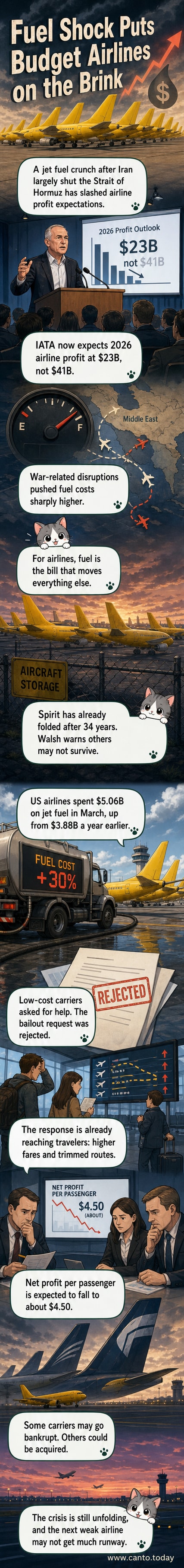Illustration of a grounded airplane with a fuel pump in the background, symbolizing the jet fuel crisis impacting budget airlines.