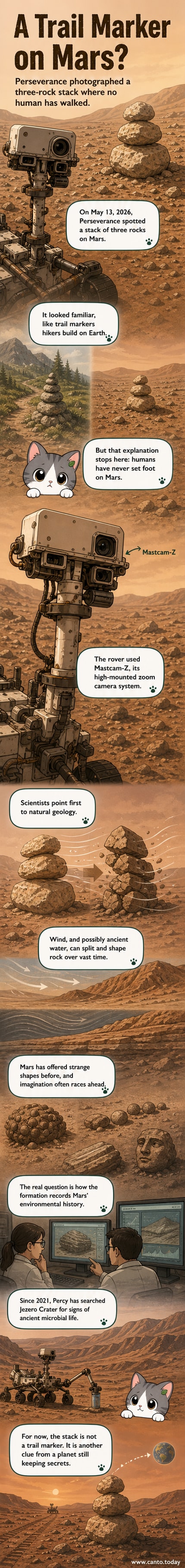 A photo from NASA's Perseverance rover showing a stack of three rocks on the Martian surface, resembling a cairn, with reddish soil and distant crater walls in the background.