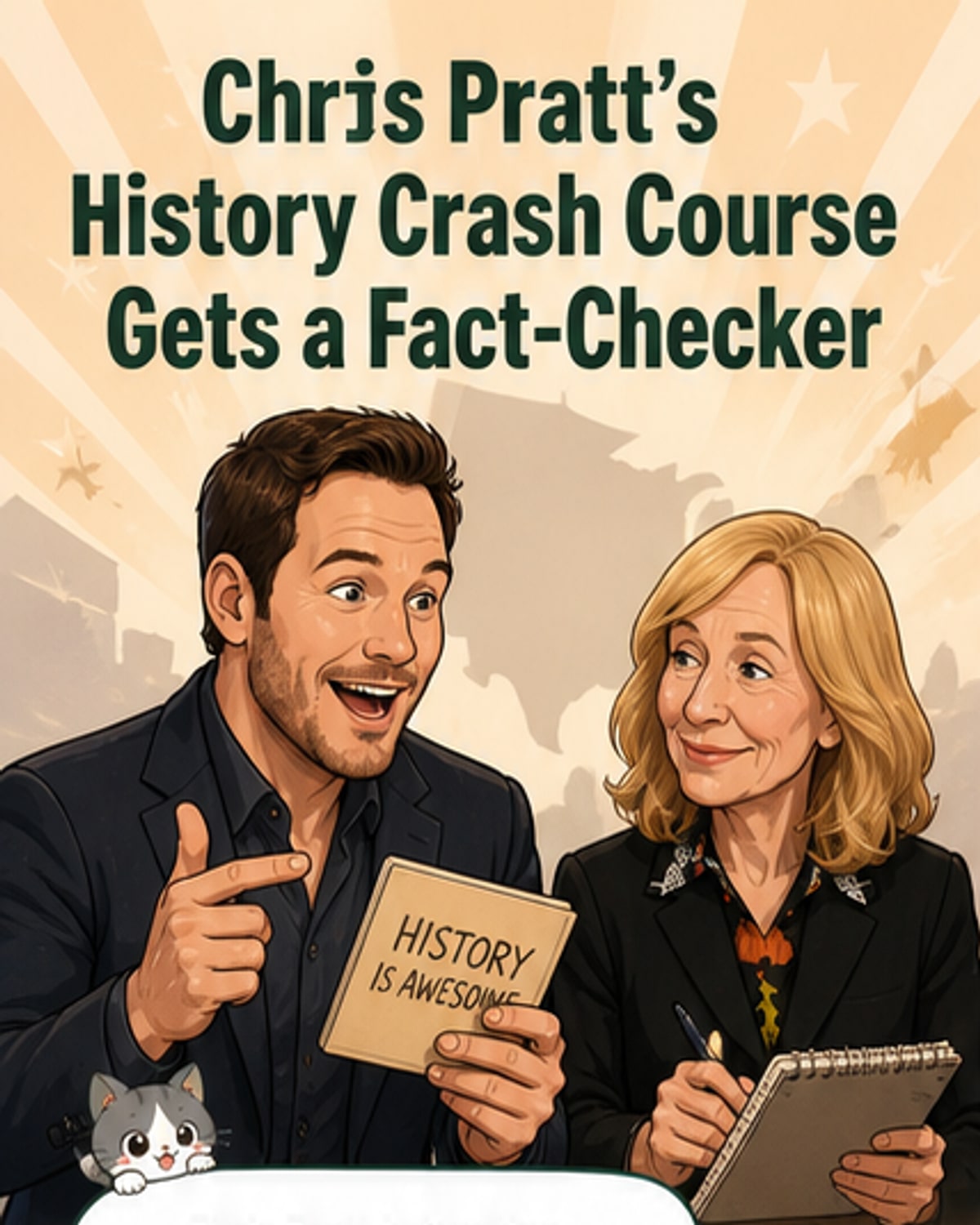 Chris Pratt in colonial-era costume next to historian Doris Kearns Goodwin, both smiling, with animated historical scenes in the background.