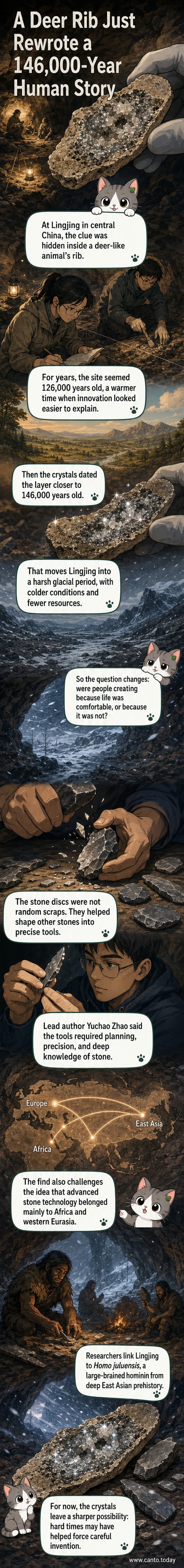 An ancient deer rib with mineral crystals embedded, surrounded by precisely flaked stone discs from the Lingjing site in China, illustrating advanced toolmaking during a harsh ice age.