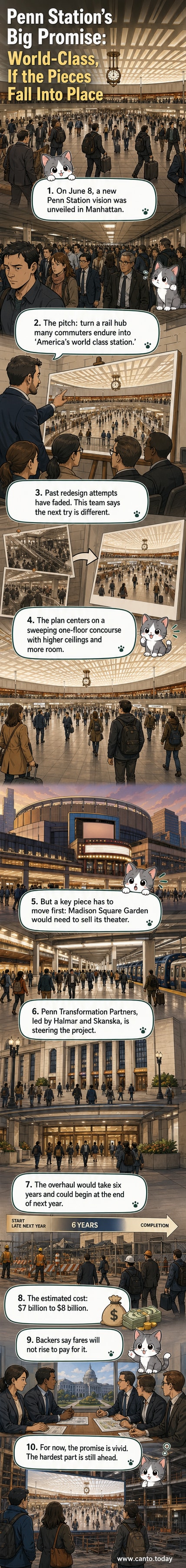 Futuristic architectural rendering of a bright, open-concept Penn Station with high ceilings, natural light, and streamlined passenger pathways.