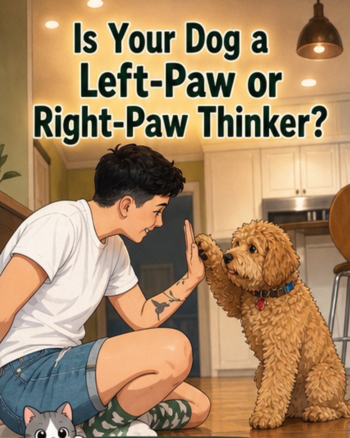 Illustration of a dog using its right paw to reach for a toy, with a brain hemisphere diagram showing lateralization similar to humans.