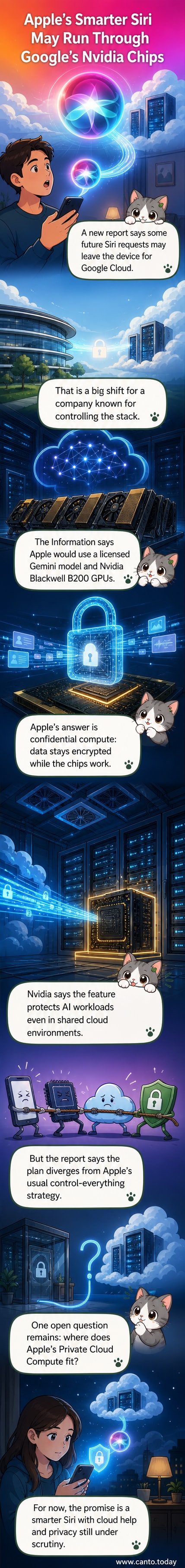 Illustration of a Siri interface with circuit pathways leading to Nvidia GPUs inside a Google Cloud data center, emphasizing encrypted data flow.