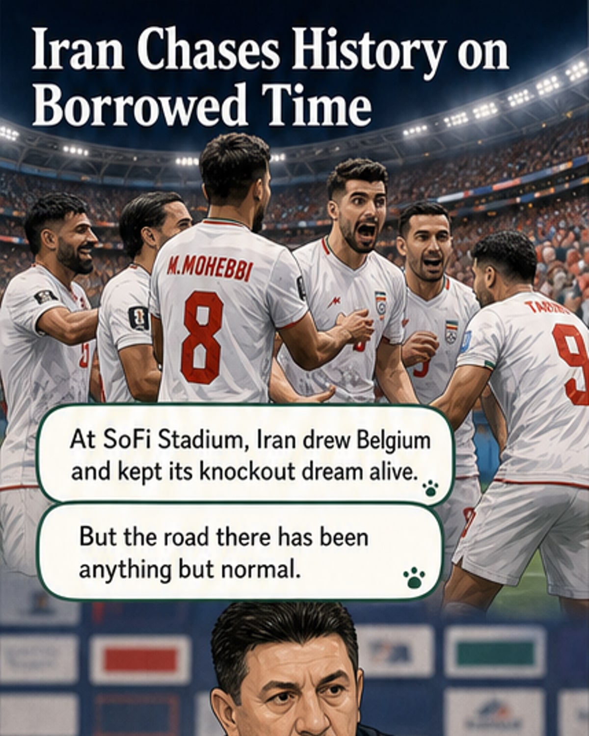 Iranian soccer players celebrate on the field after holding Belgium to a draw amid travel and political challenges.